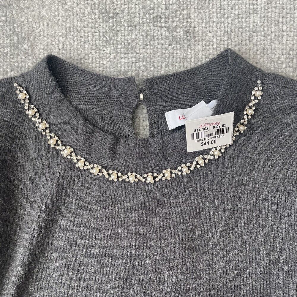 Liz Claiborne Sweater Womens XS Grey Crystal Pearl Detail Soft Knit Top NEW - Picture 3 of 9